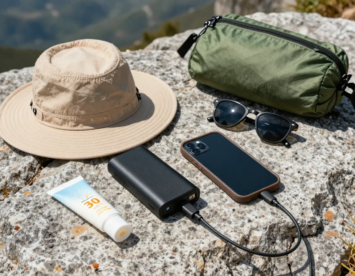 Powerbank charging phone next to sun hat and sunglasses on rock