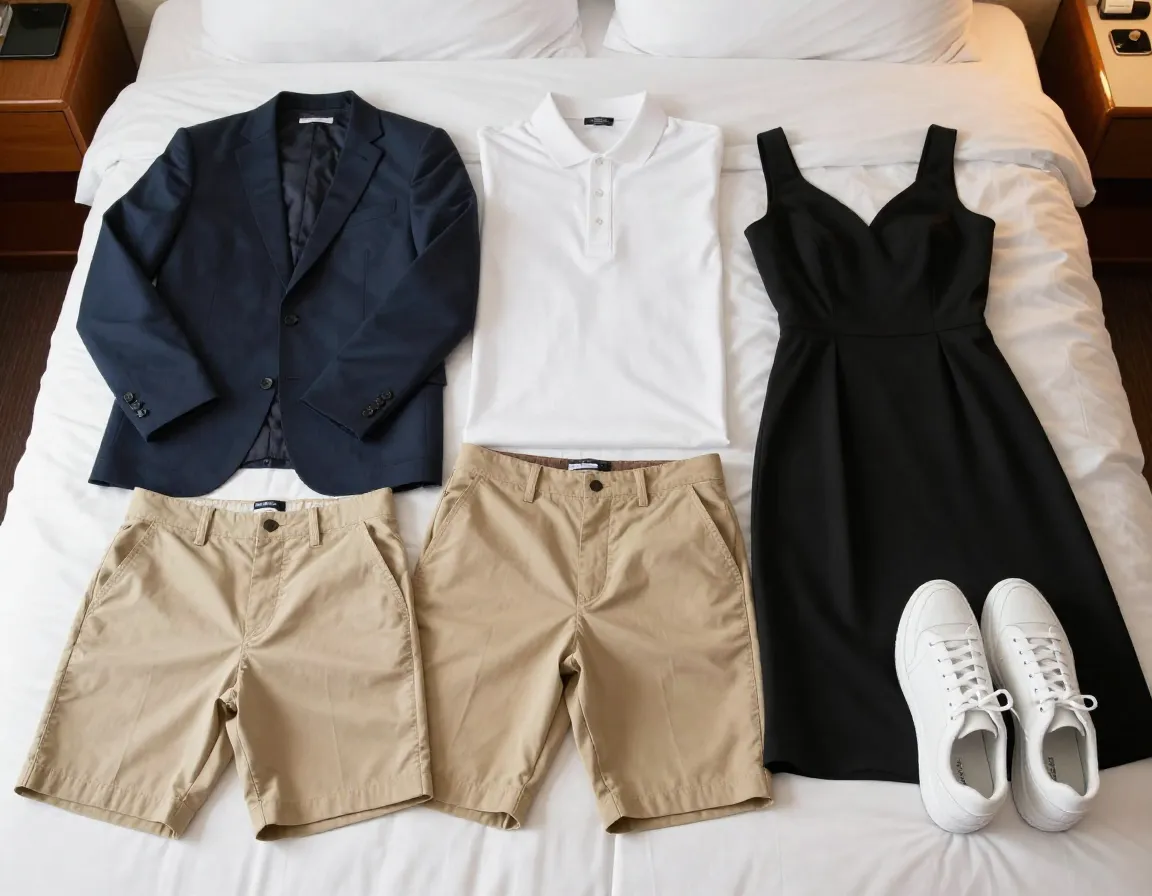 Versatile neutral clothing outfits arranged on a cruise stateroom bed