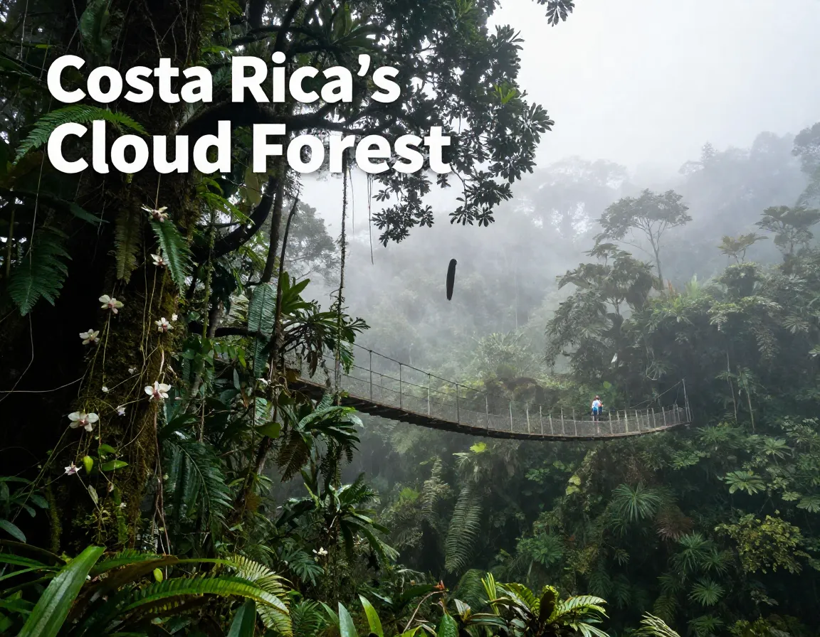 Canopy suspension bridge misty green forest long tailed bird silhouette