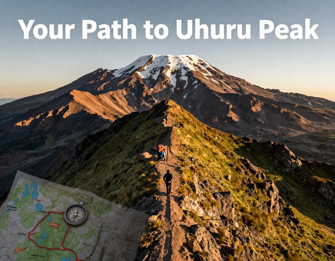 Climber silhouette on kilimanjaro ridge with overlaid route map aerial view
