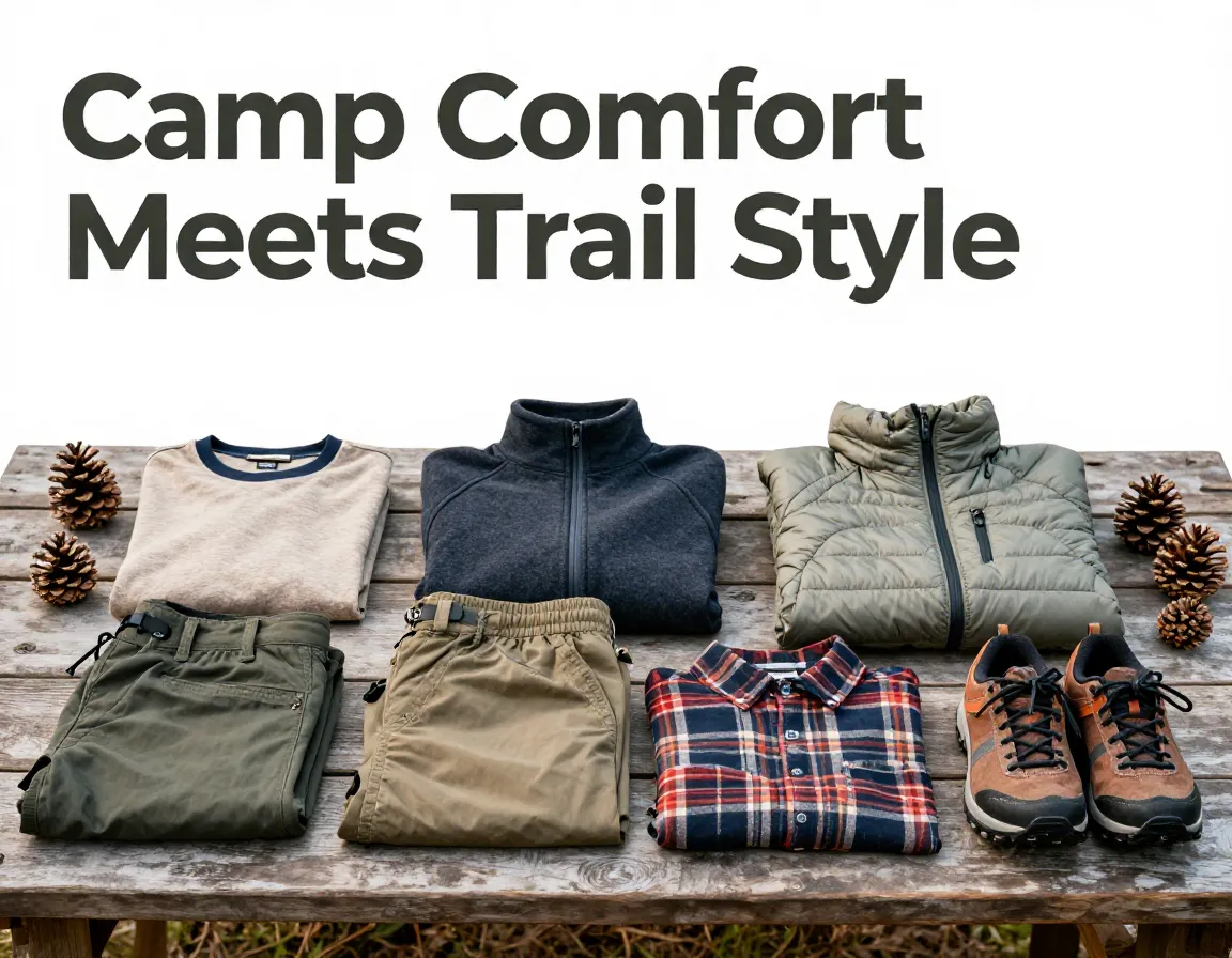 Curated camping gear layers table earth tones wood texture