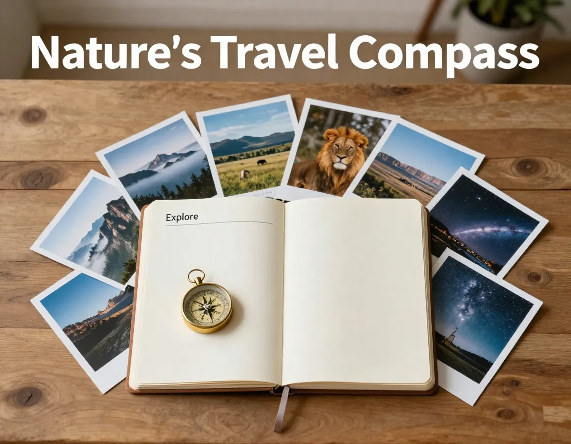 Flat lay travel journal compass eight nature photos inspiration planning