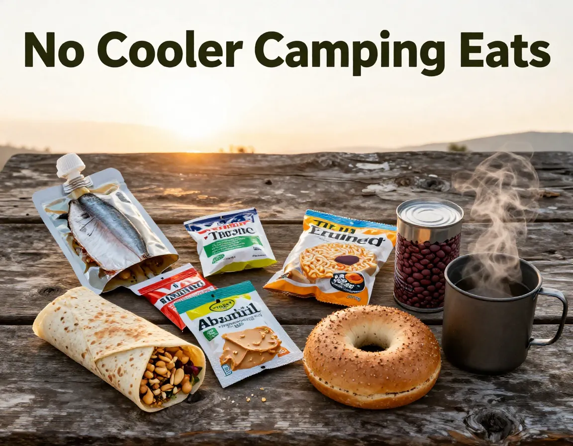 Open tuna pouch tortilla instant ramen bagel trail mix campsite table