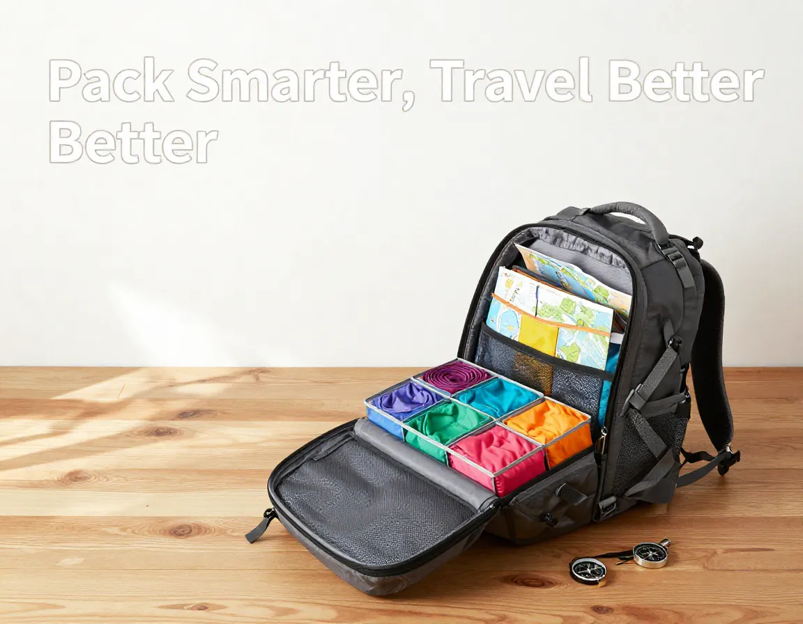 Organized backpack colorful packing cubes rolled clothes trail gear