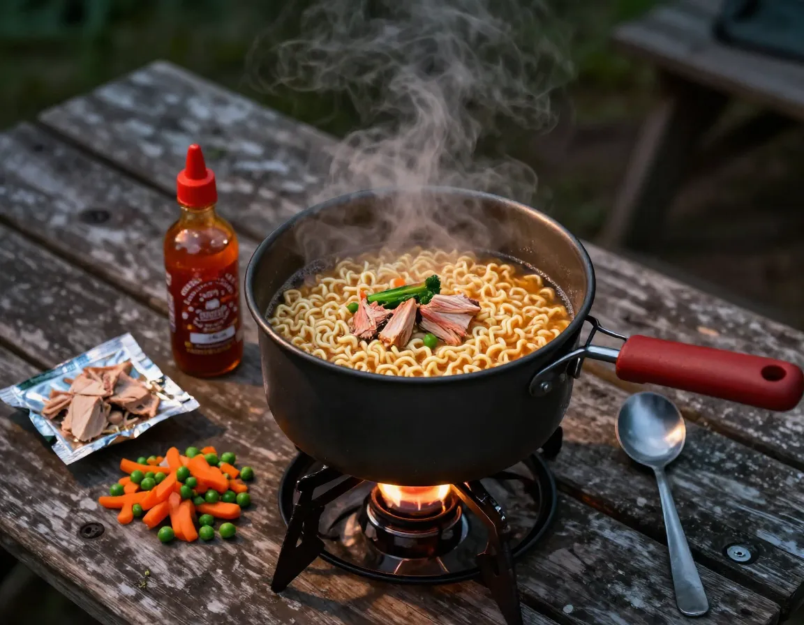 Instant ramen with tuna and vegetables at a camp stove at night