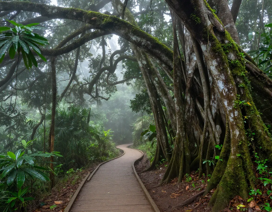 Misty cloud forest trail winding past enormous strangler fig trees
