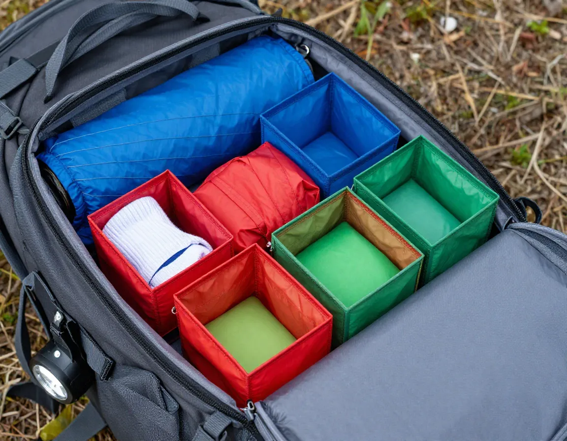 Organized backpack with color coded packing cubes arranged for easy access