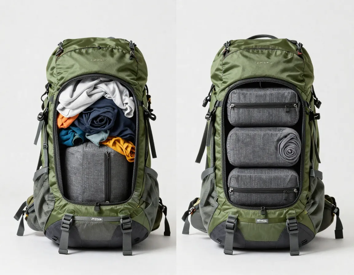 Compression cubes reducing volume of clothing inside a hiking backpack