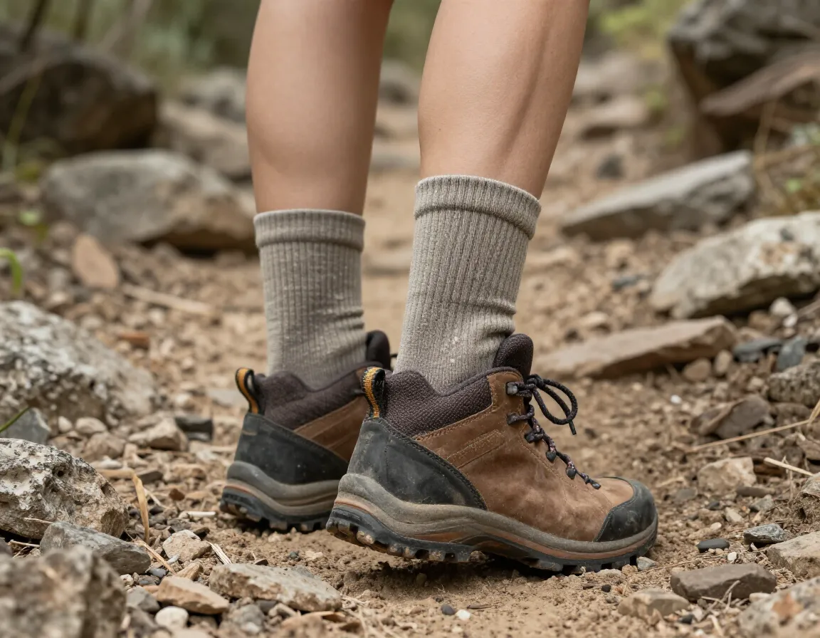 Crew length hiking socks mid calf on boot in trail setting