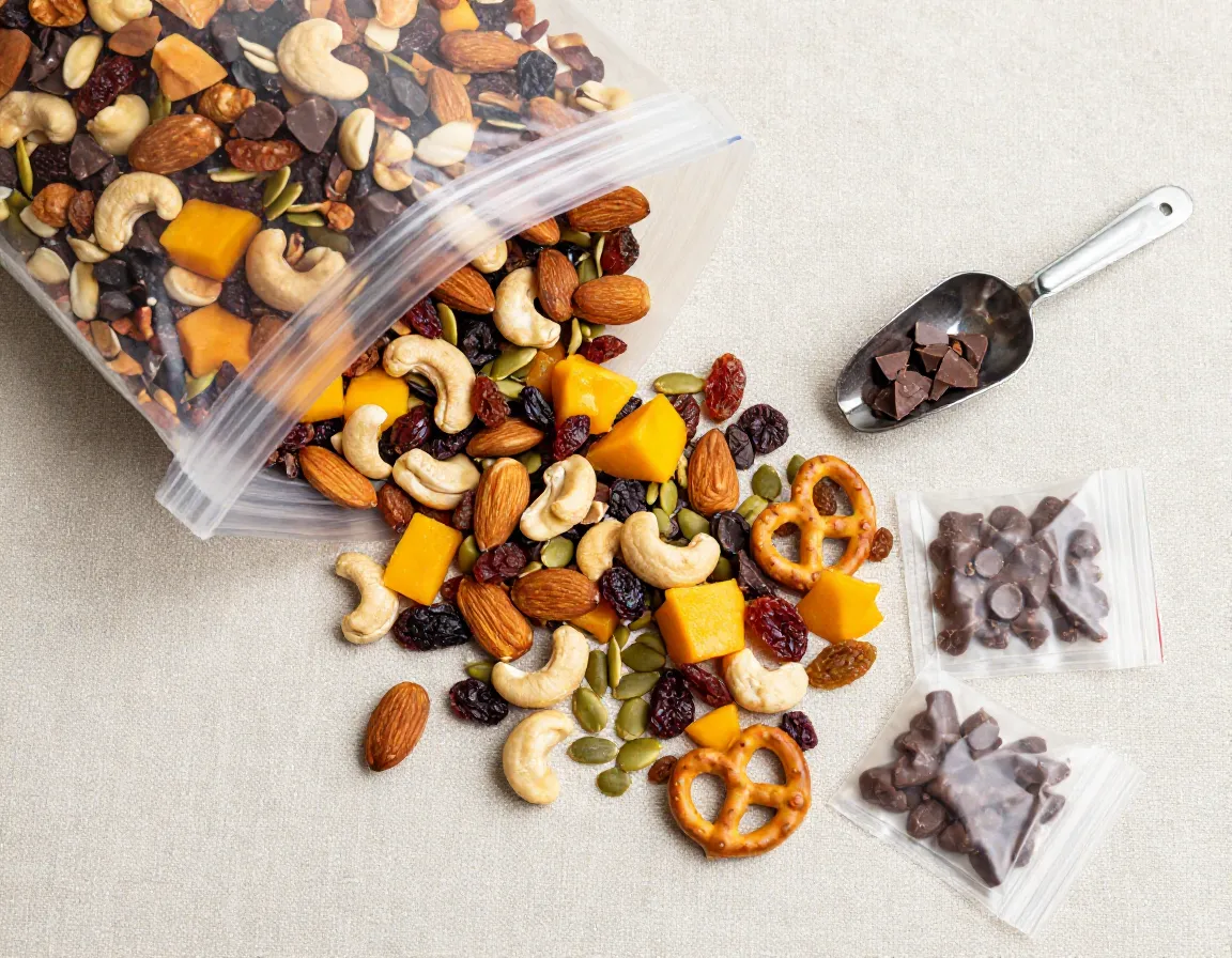 Custom trail mix with nuts fruit chocolate and pretzels in a bag