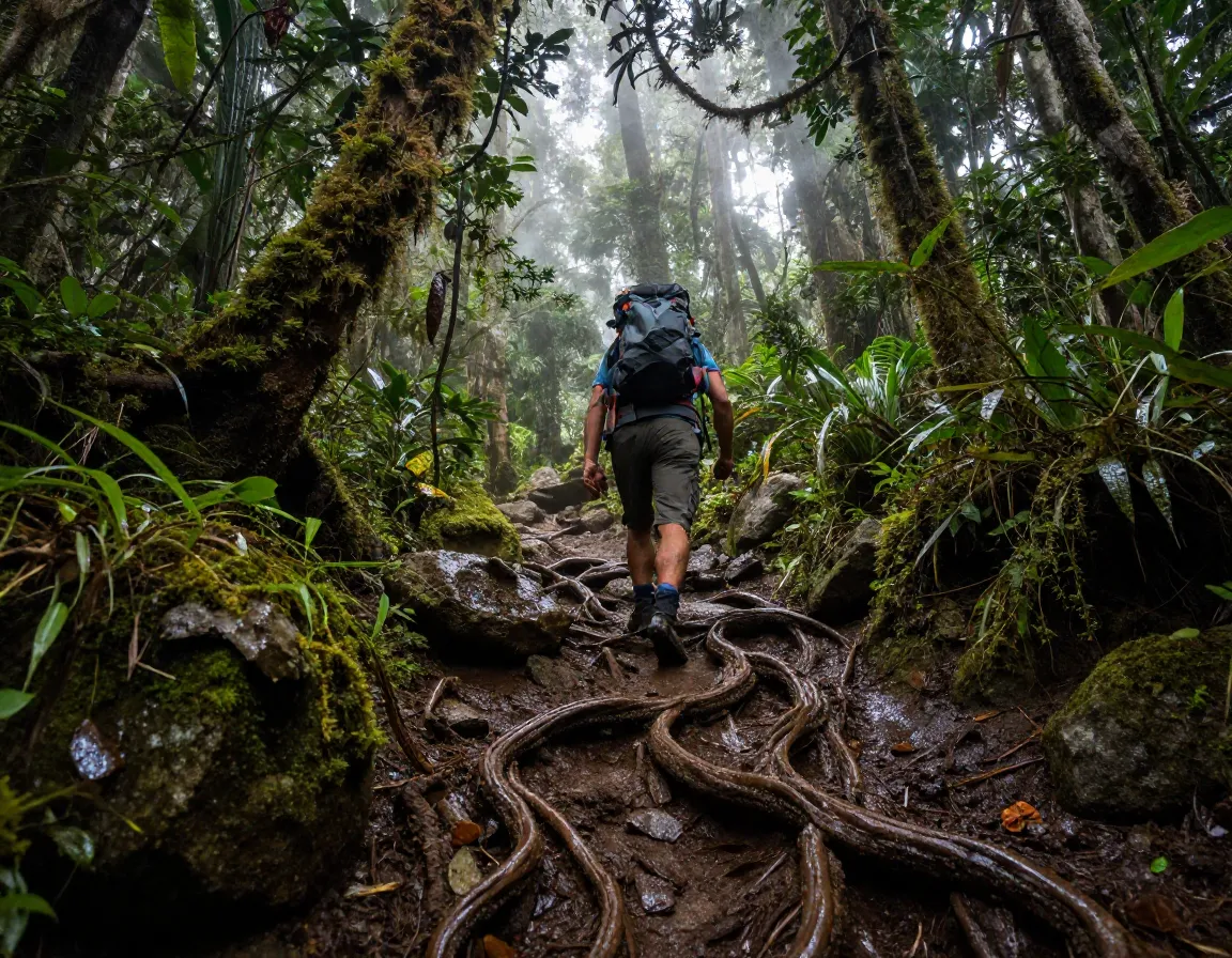 Machame route climber ascending through dramatic rainforest scenery