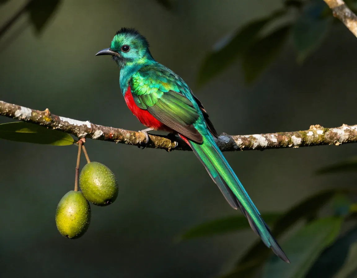 Male resplendent quetzal with long tail feathers perched morning