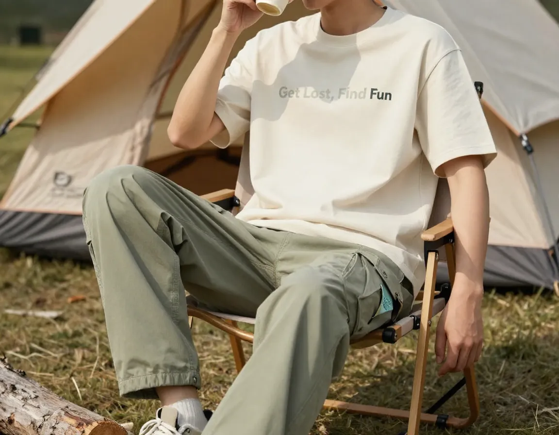 Minimalist graphic tee cargo pants casual campsite look