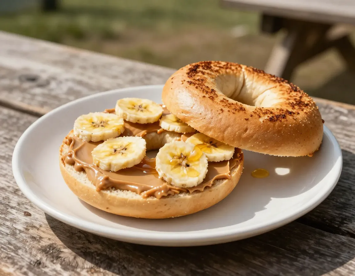 Toasted bagel with peanut butter and banana chips at a campsite