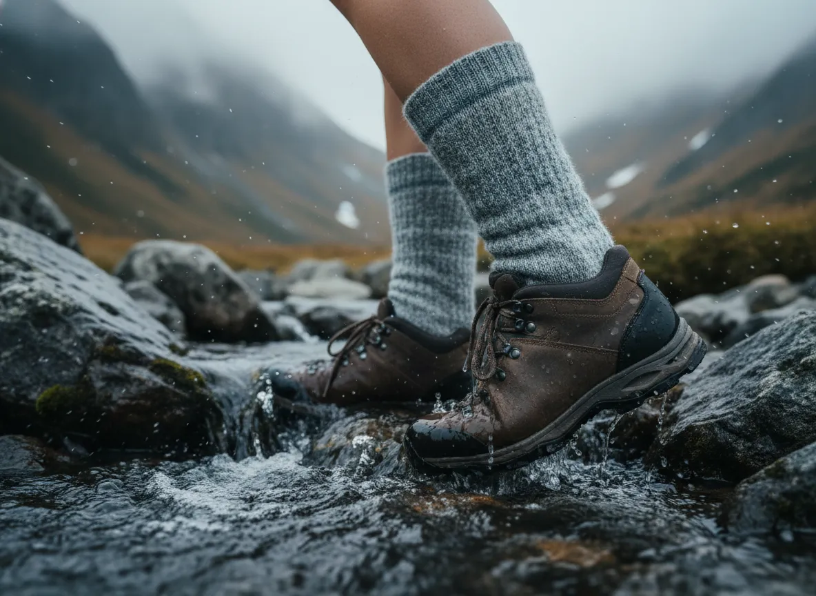 Merino wool blend socks worn in wet mountain stream