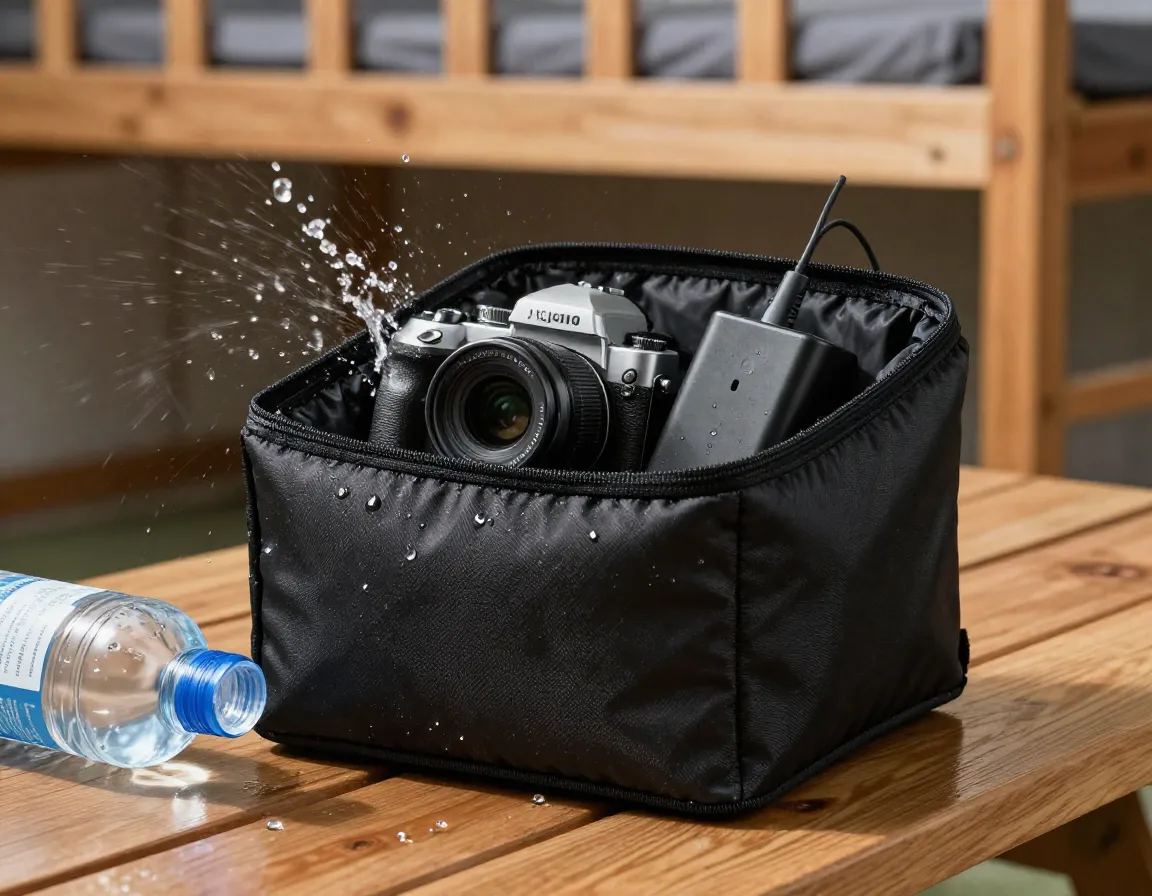 Padded electronics cube protecting a camera and charger from a water spill