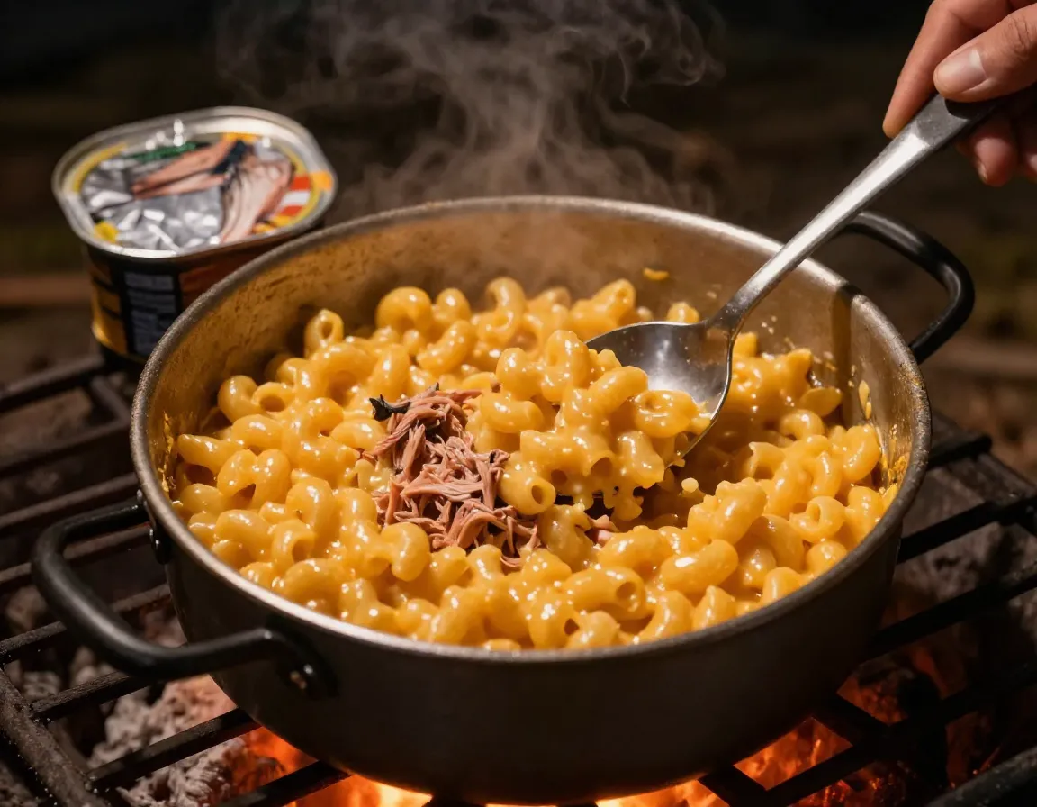 Mac and cheese with added tuna in a pot at a campsite