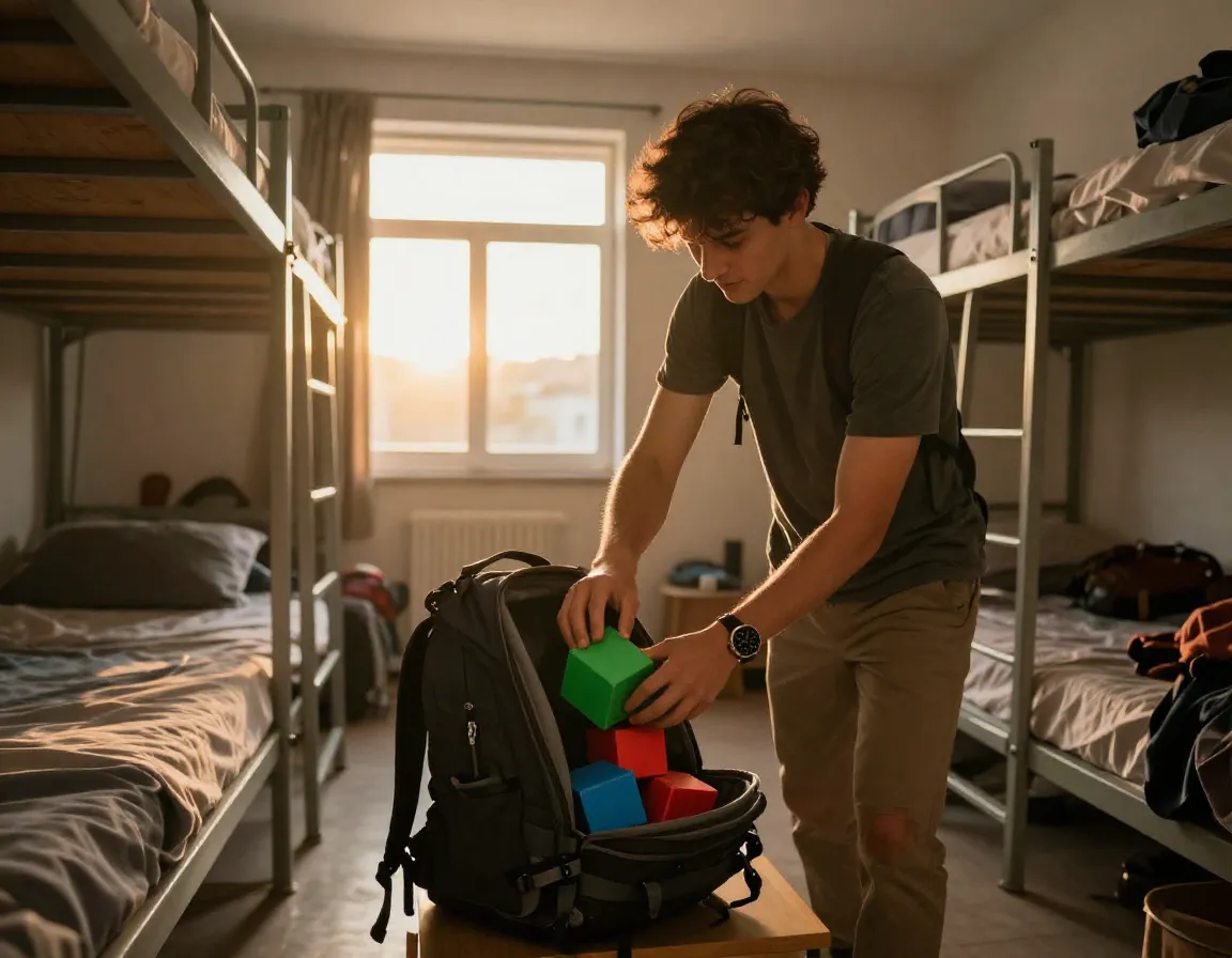 Traveler quickly packing a backpack with cubes at sunrise in a hostel