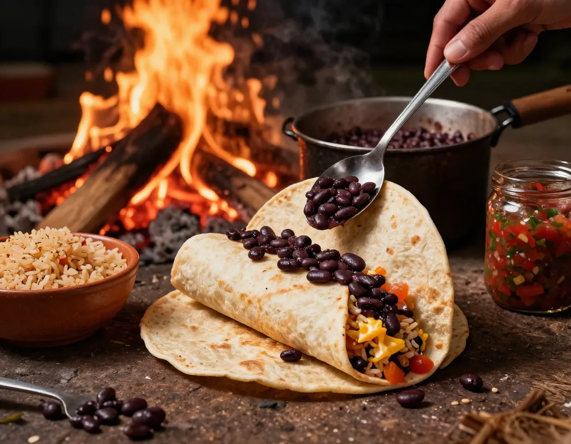 Campfire bean and cheese burrito with rice and salsa being filled
