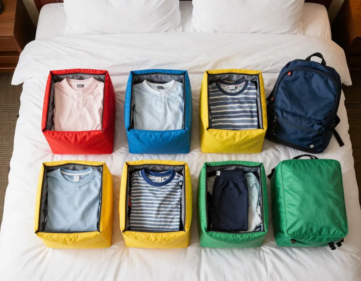 Four color coded packing cubes arranged for different family members on a bed