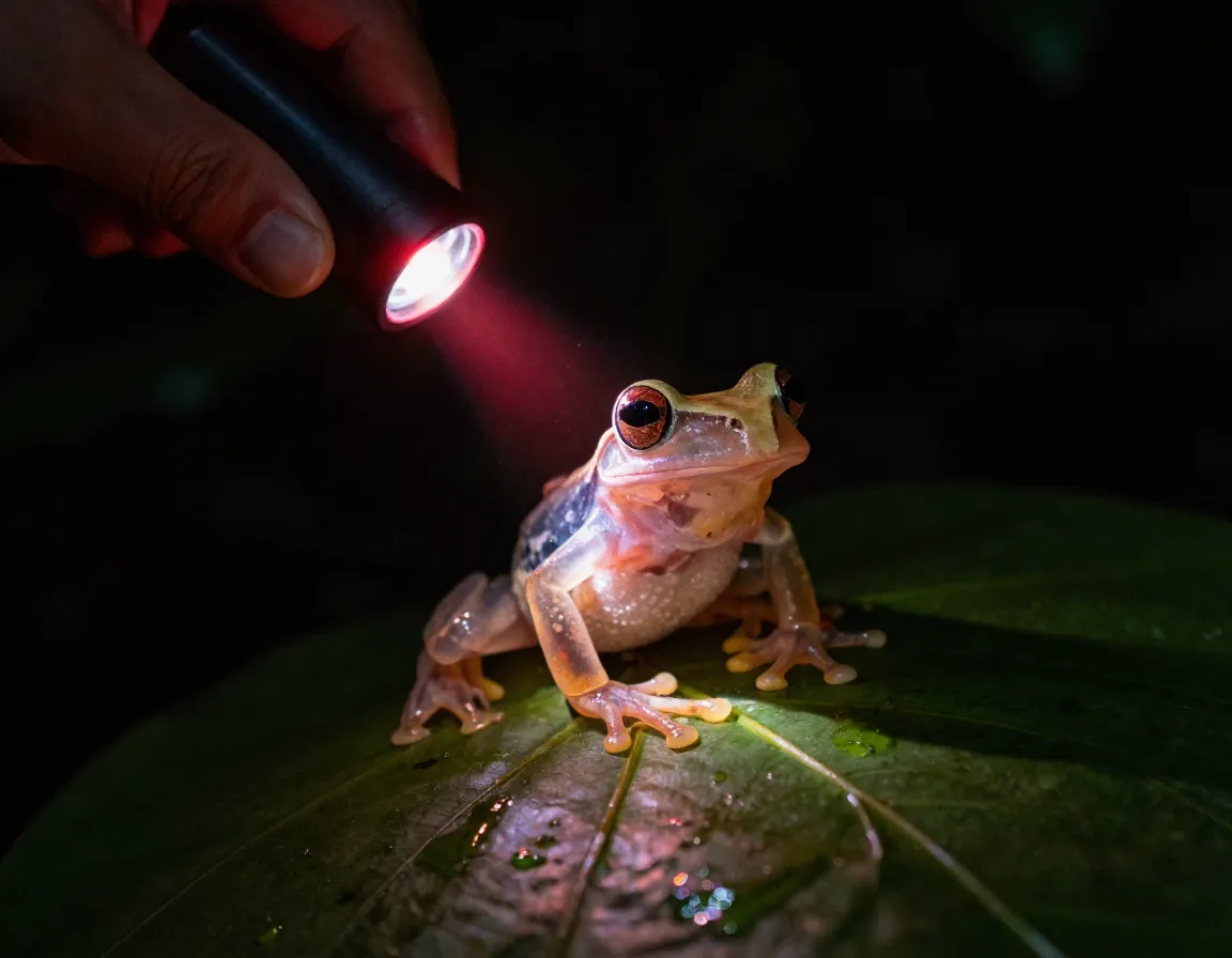 Red light illuminates transparent glass frog on night tour