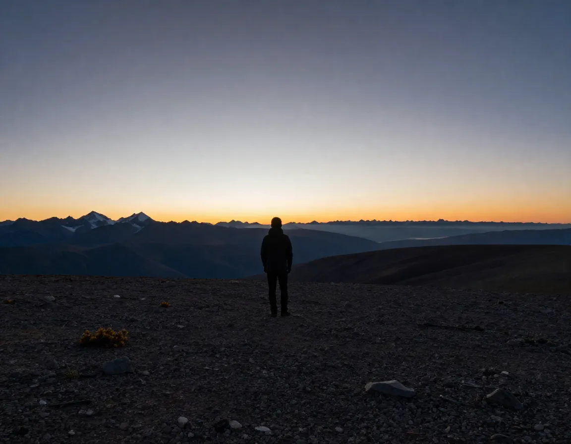 Shira route trekker on high altitude shira plateau at sunrise