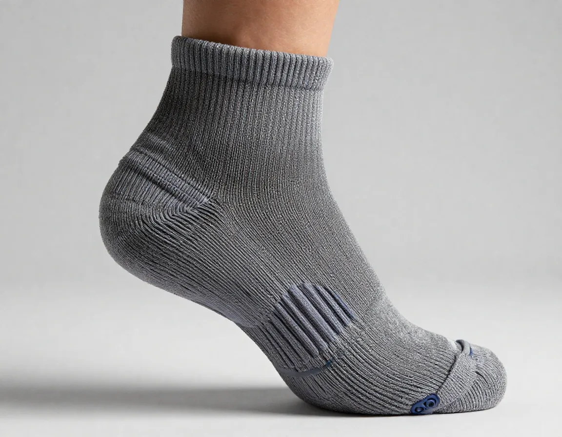 Cushioned arch support hiking sock detail on foot