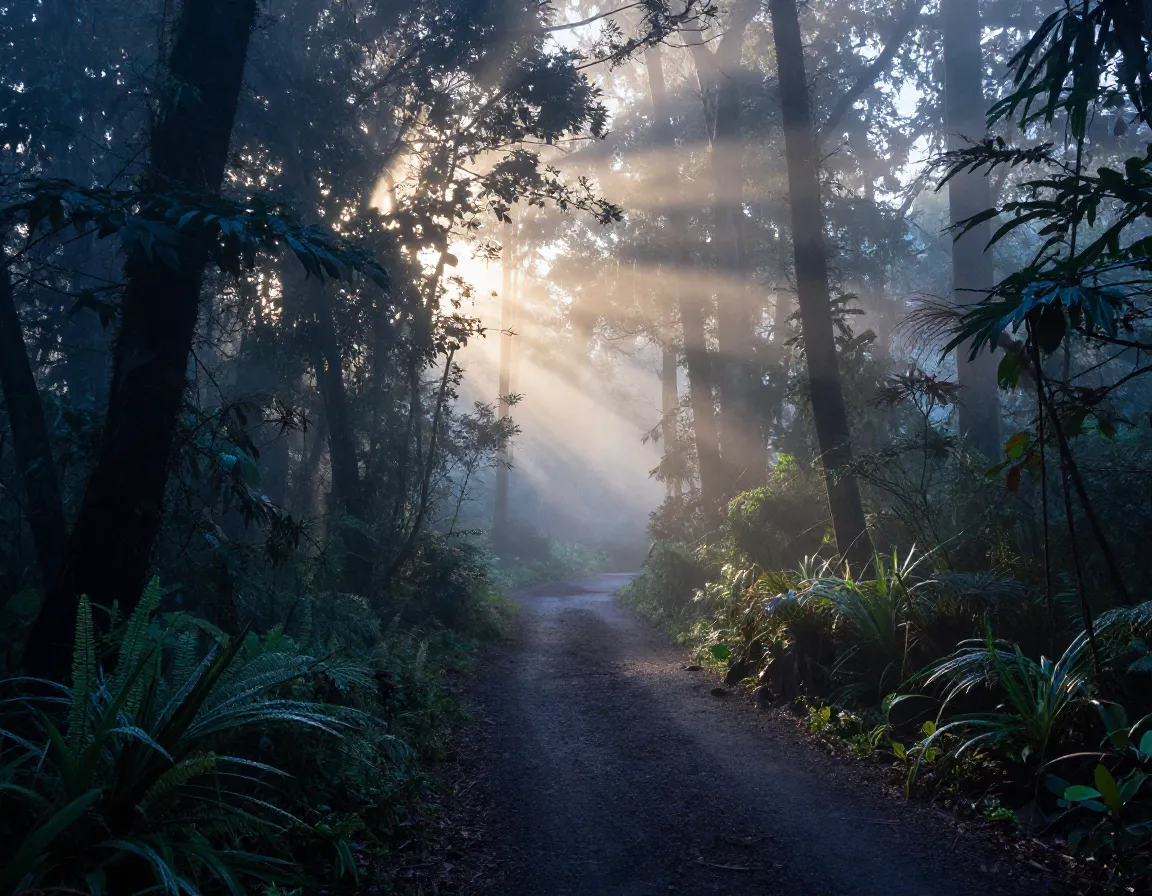 Empty trail at dawn with misty light filtering through trees