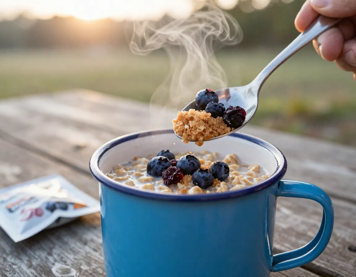 Instant oatmeal with dried blueberries and brown sugar in a camping mug