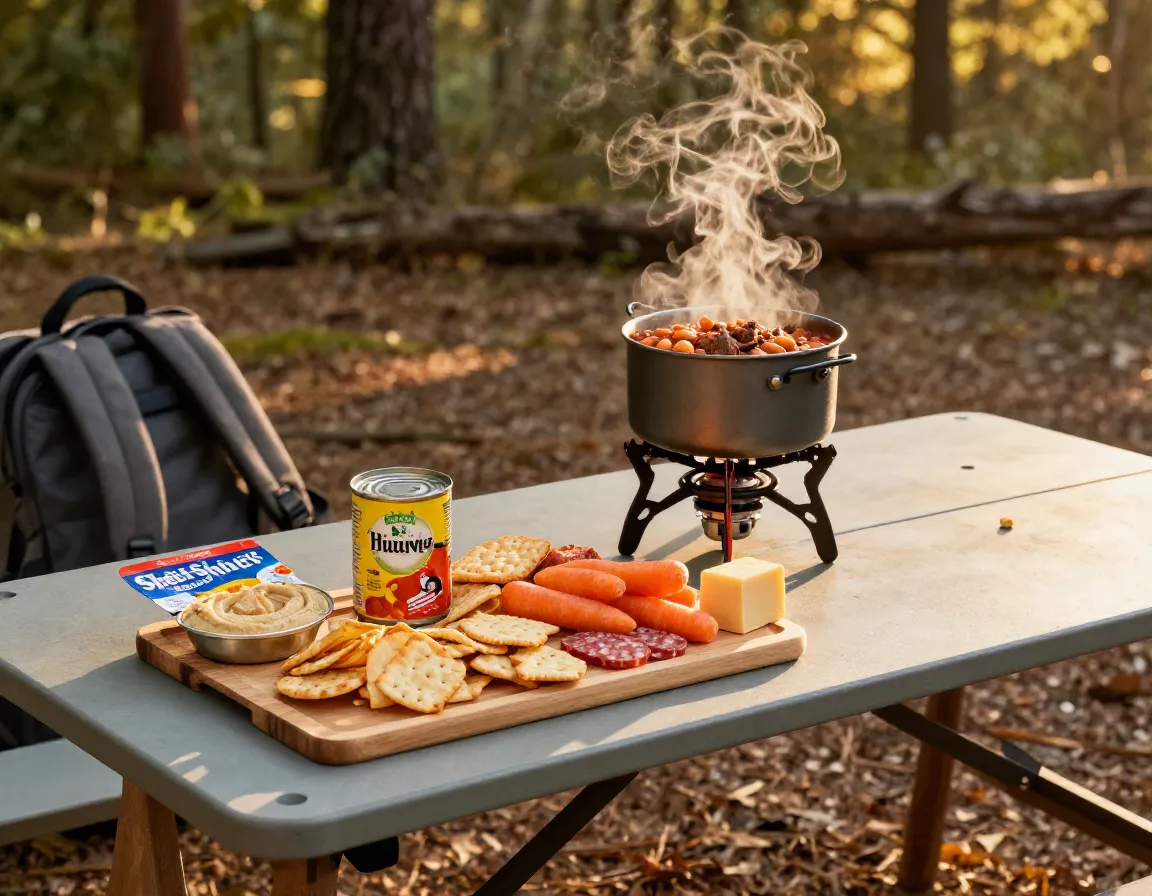 Canned chili heated on a camp stove with a snack board beside it