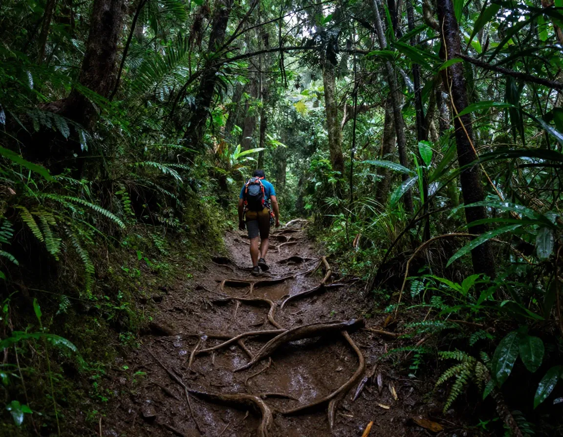 Mweka route descent through steep lush rainforest trail