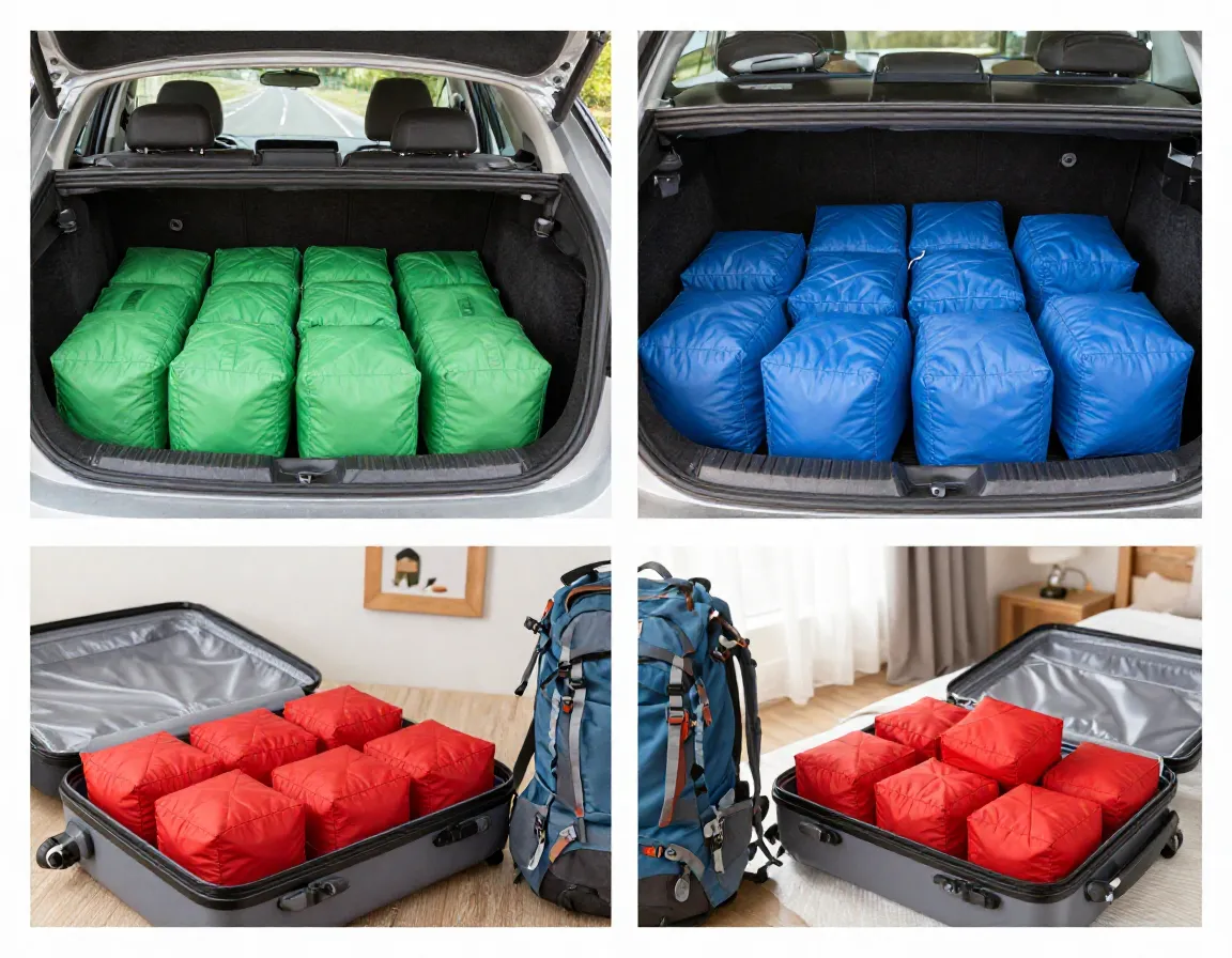 Versatile packing cubes used in a car trunk backpack and suitcase for different trips
