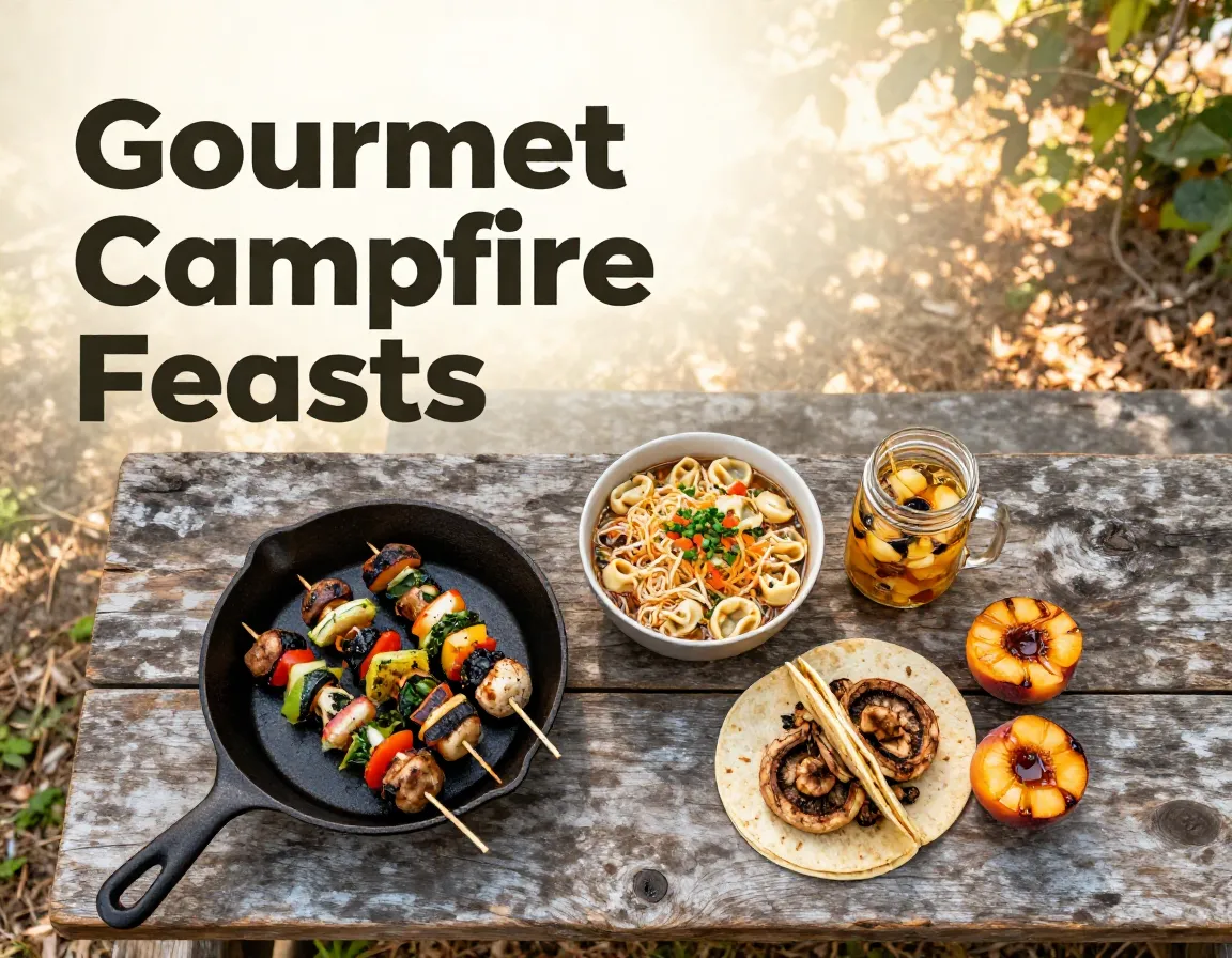 Flat lay campfire gourmet meals skewers tacos soup peaches plank