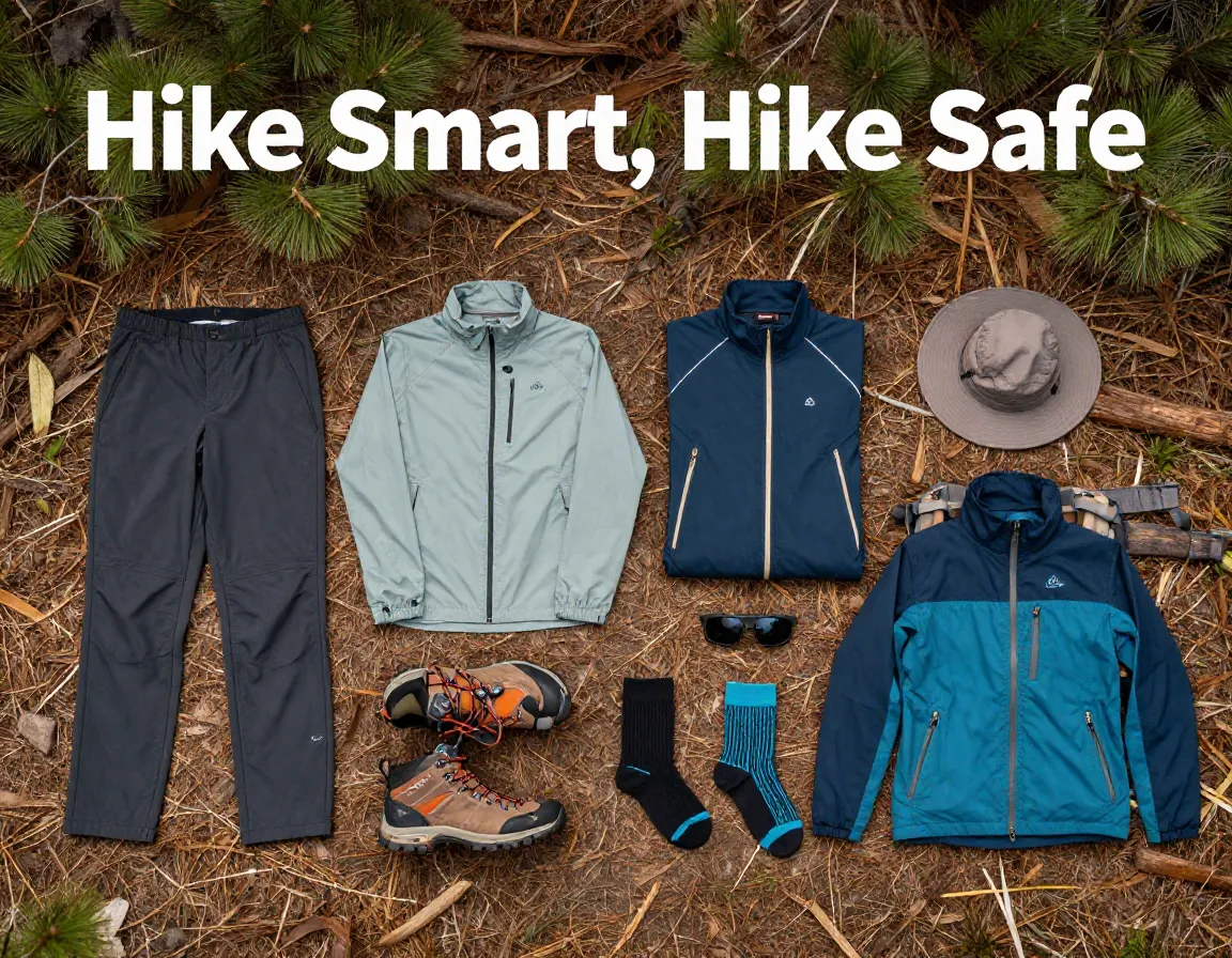 Flat lay eight essential women hiking gear items trail safety