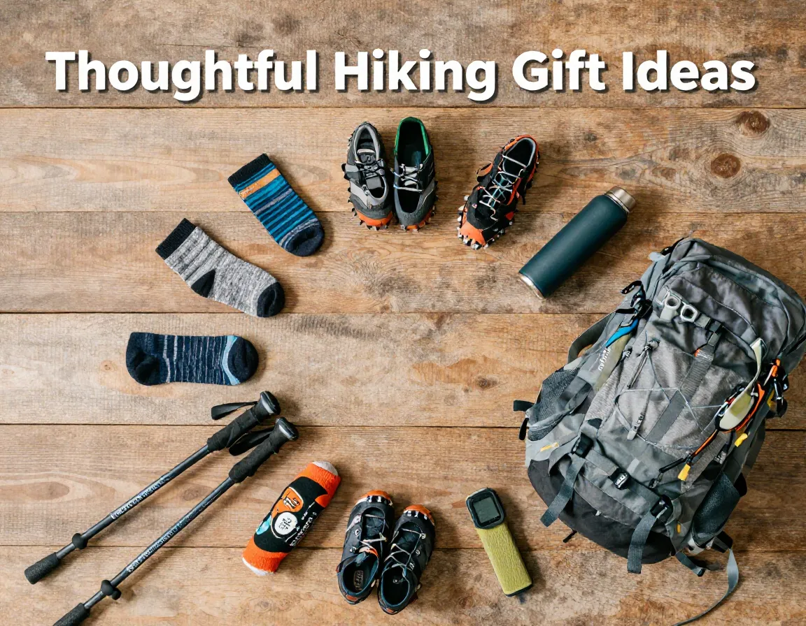 Flat lay eight hiking gifts merino wool socks trekking poles gear patches