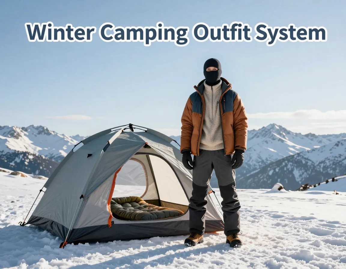 Layered camper gear tent snowy mountain winter dawn camping