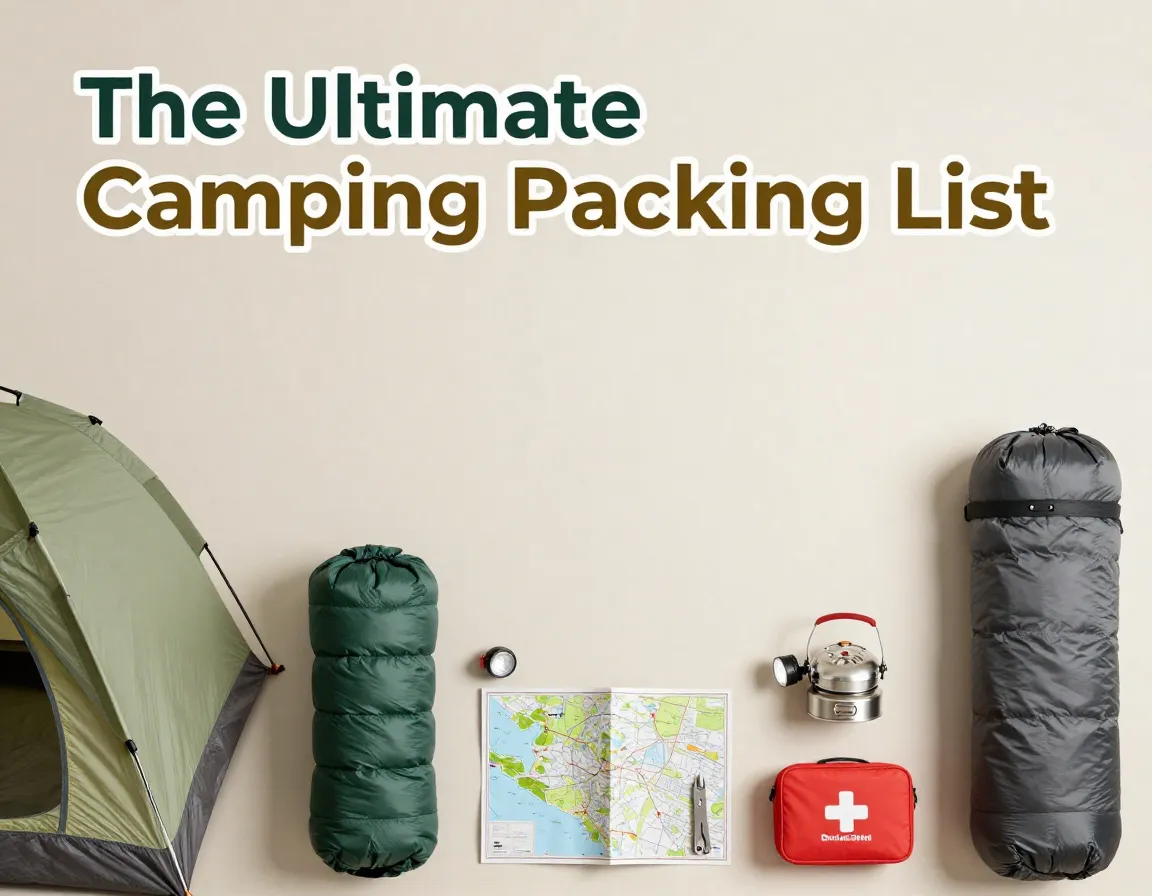Overhead flat lay camping essentials gear assembled on neutral surface