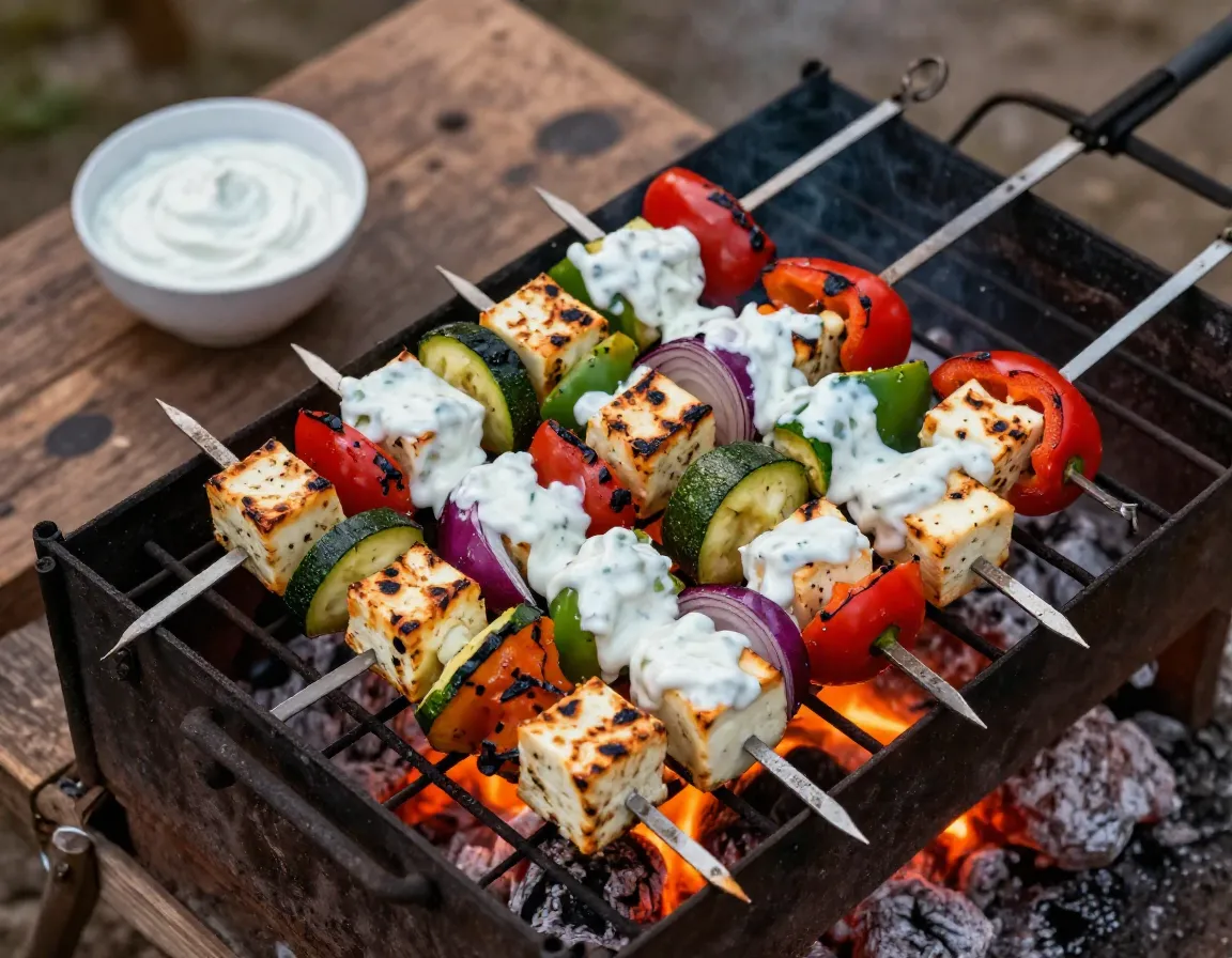 Grilled vegetable paneer kebabs yogurt marinade charring campfire