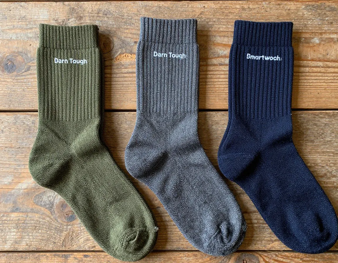 High quality merino wool hiking socks laid out on a rugged wooden surface
