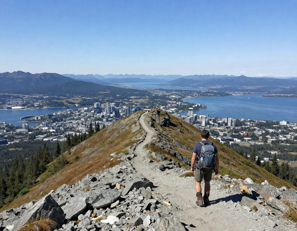 Hiker on flattop mountain trail overlooking anchorage and cook inlet