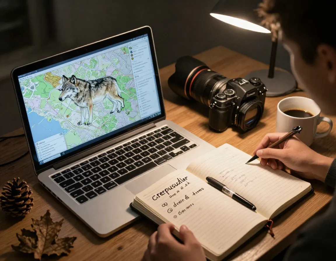 Researcher studying wolf behavior with laptop and notebook