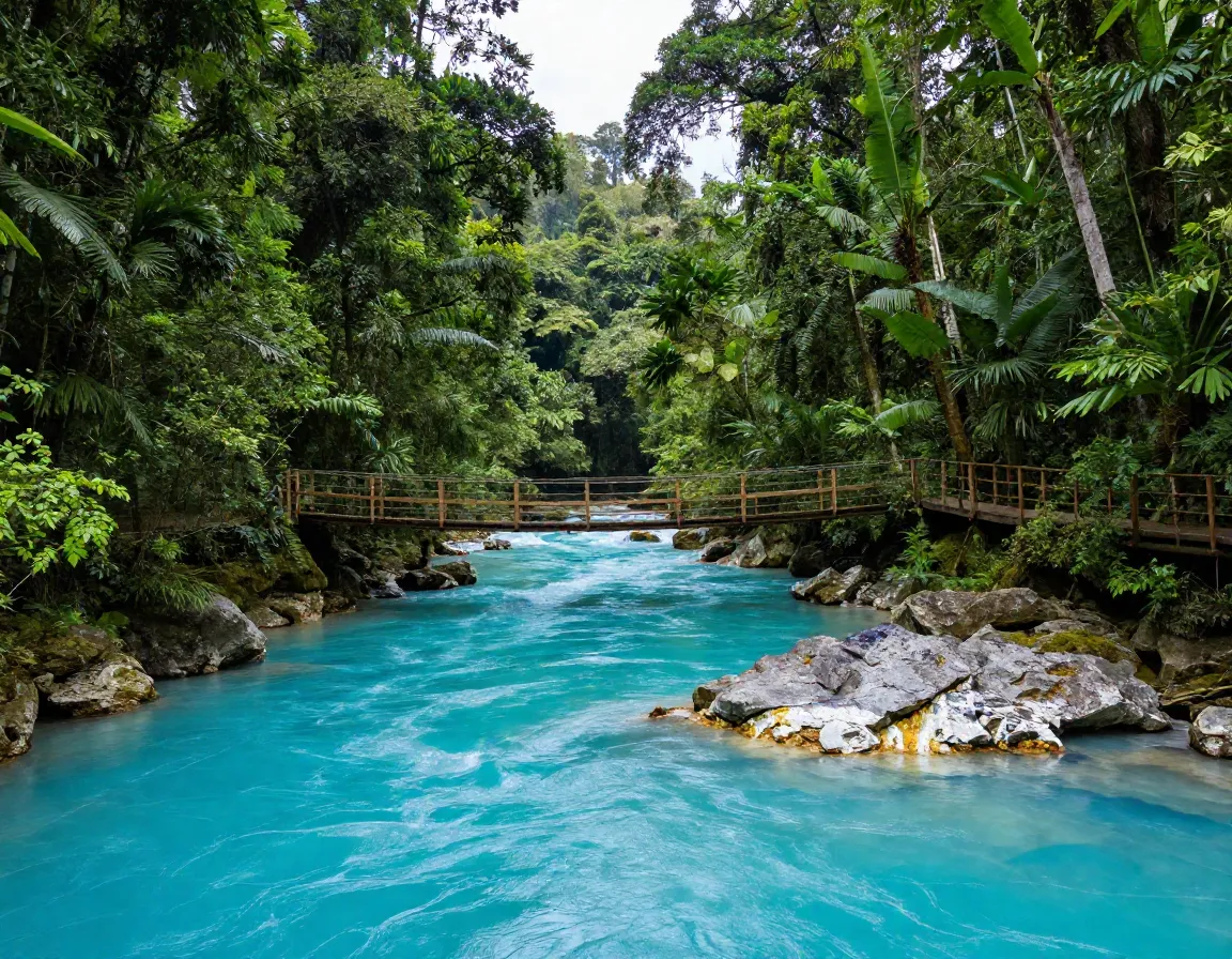 Rio celeste trail vibrant turquoise river in dense rainforest