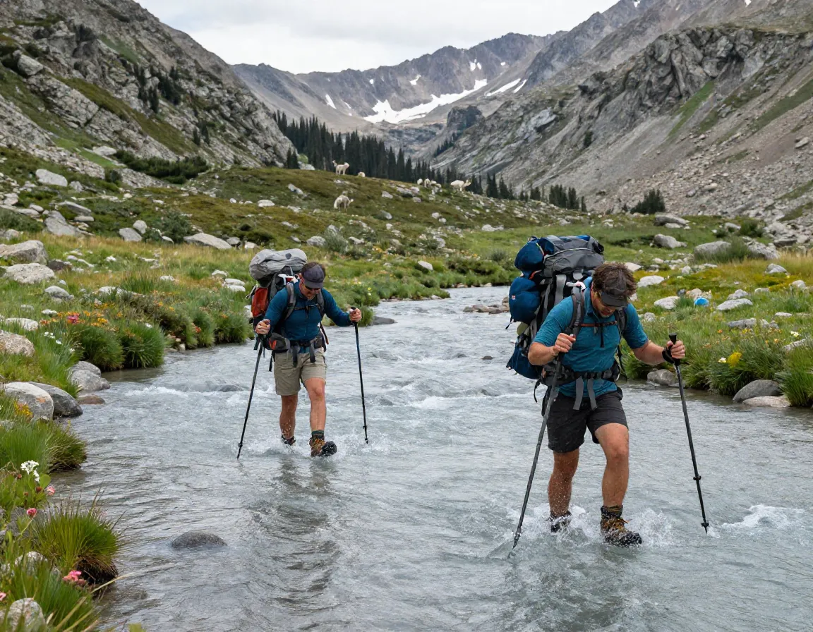 Backpackers crossing eagle river on the crow pass trail