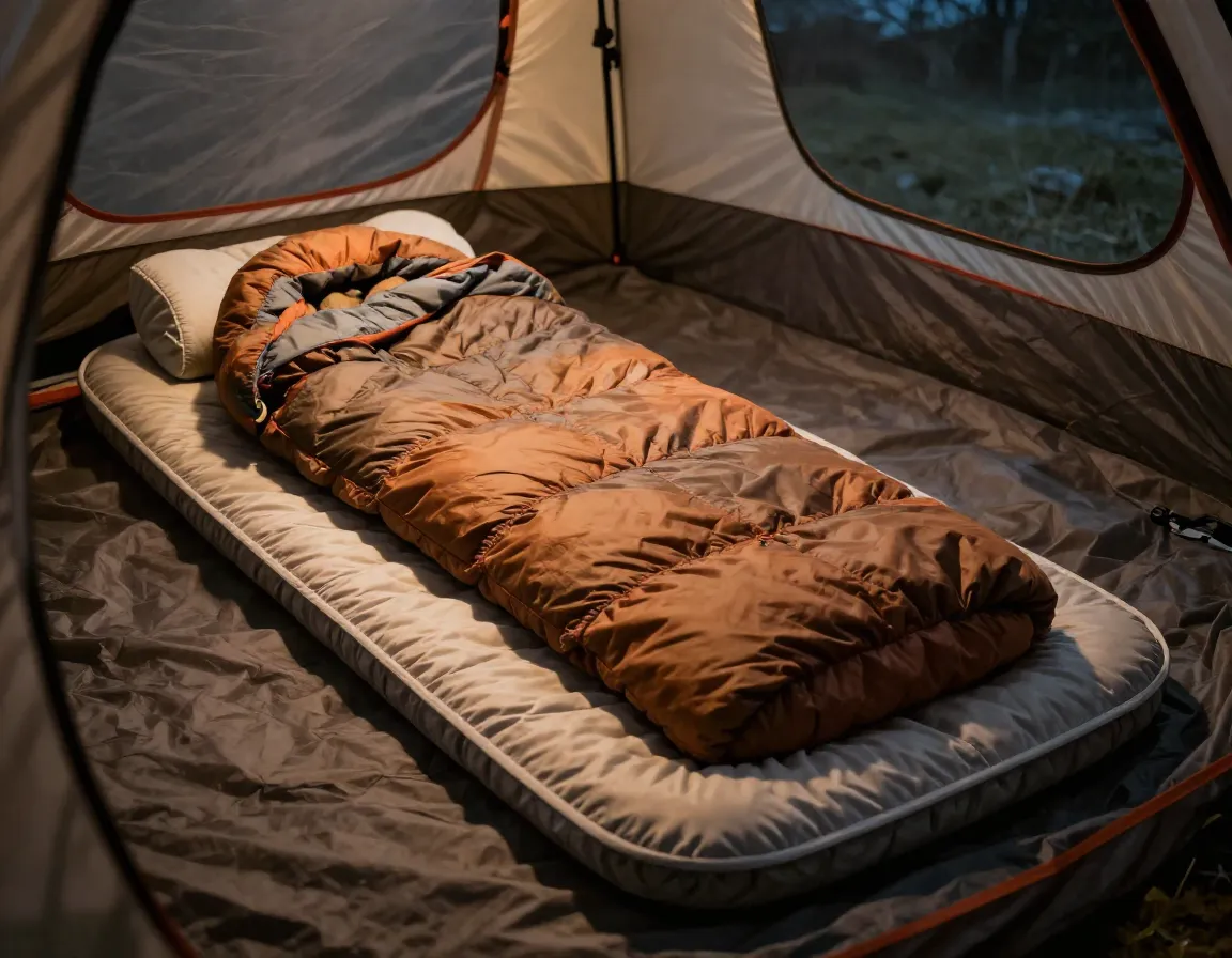 Cosy backcountry camp sleeping bag and insulated pad setup