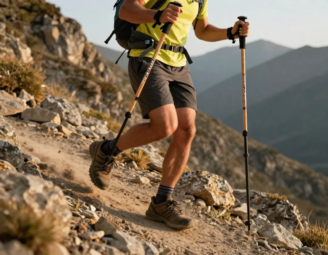 Hiker using lightweight cork handled trekking poles on a steep mountain trail