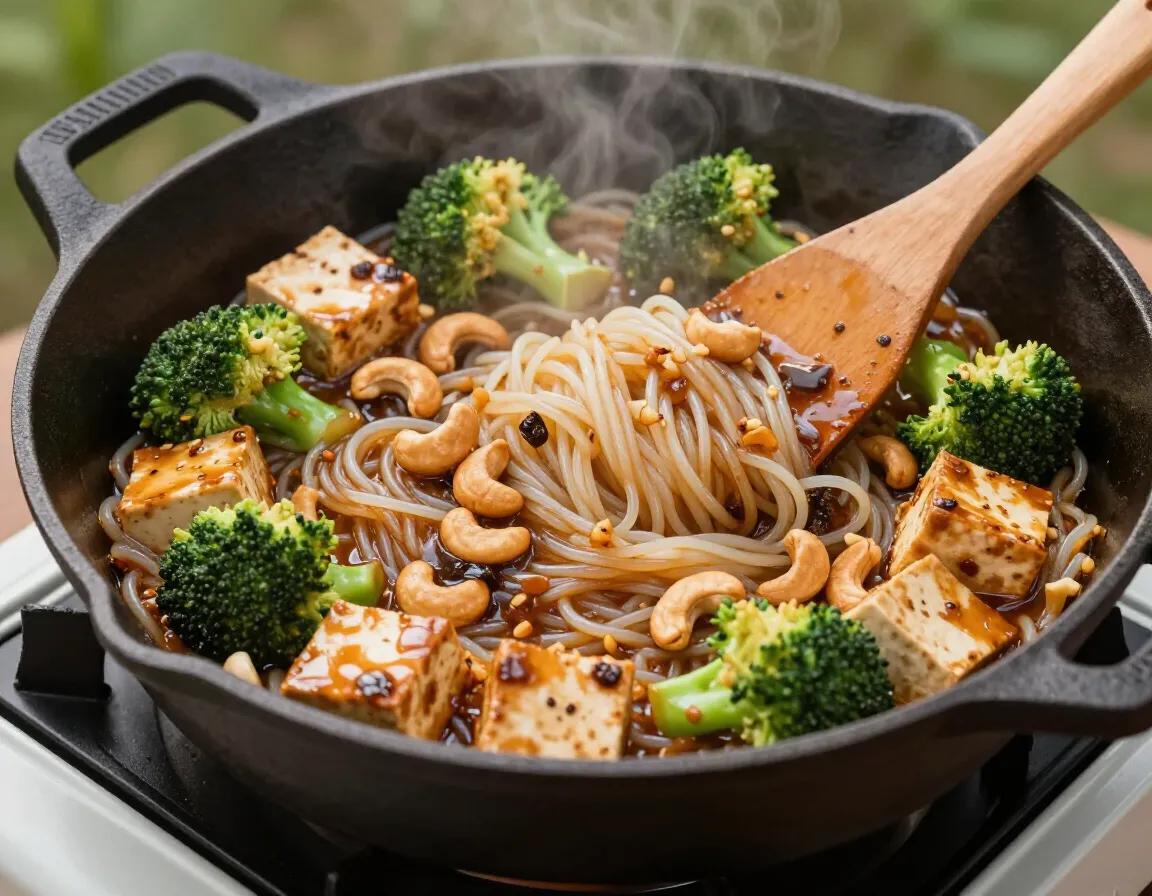 Rice noodle stir fry tofu toasted cashews cast iron skillet