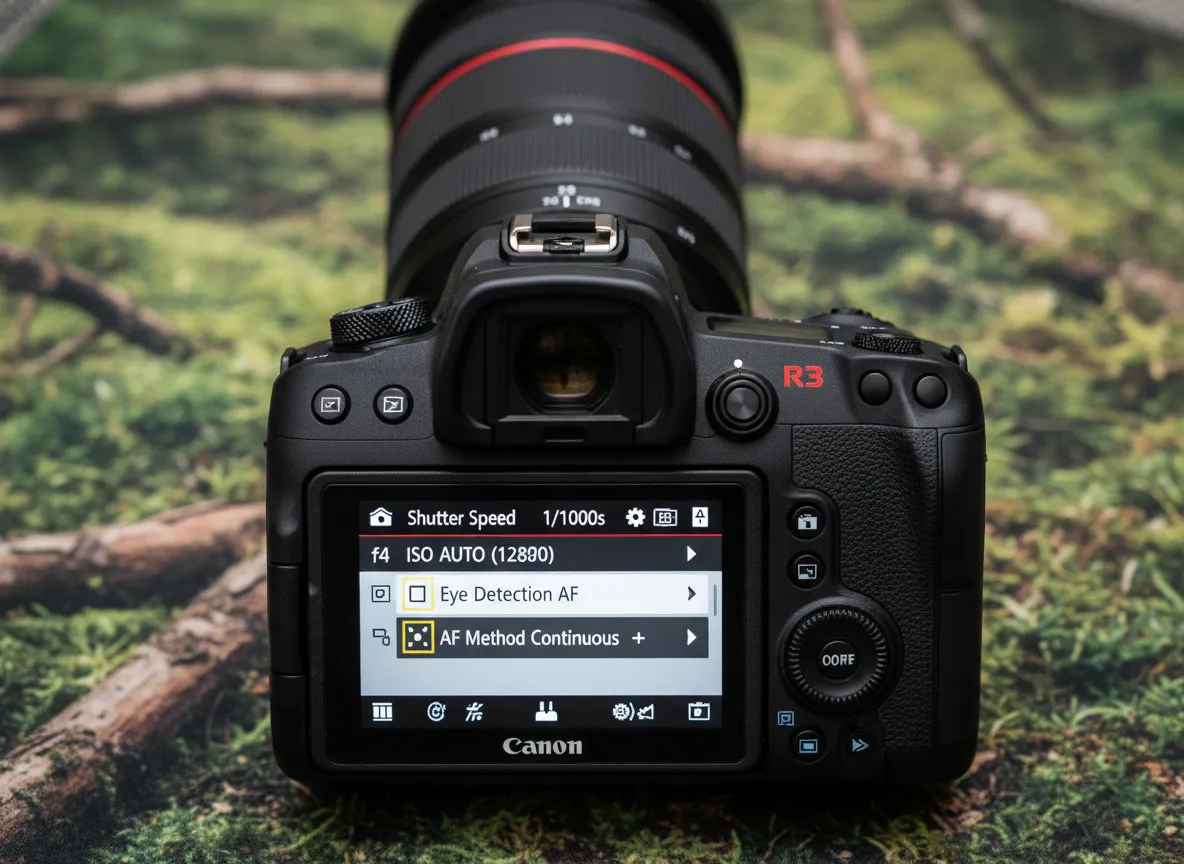 Close up of a professional camera with displayed wildlife settings