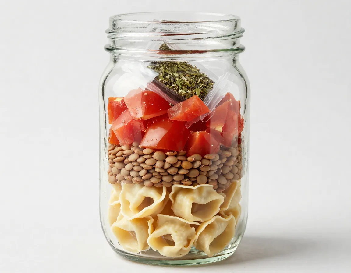 Layered tortellini soup ingredients inside wide mouth mason jar