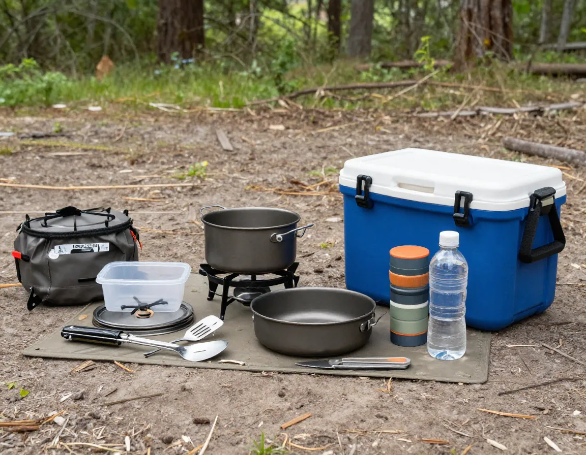 Organized camp kitchen stove cookware cooler and containers