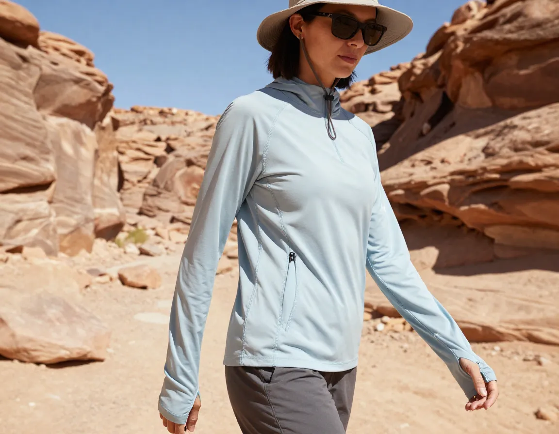 Woman wearing lightweight long sleeve upf shirt hiking desert canyon